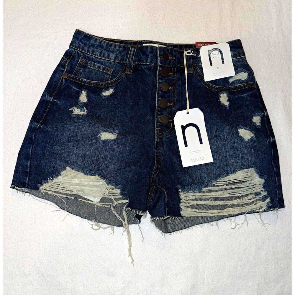 Nature Denim Women’s High Rise Dark Wash Distressed Cut Off Denim Shorts S